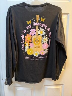 Simply Southern Black Long-Sleeve Tee with Yellow Guitar & Pink Floral Graphic